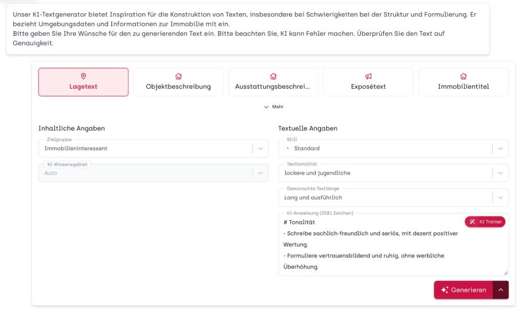Der Bereich KI-Texte in AreaButler mit den Kacheln für Lagetext, Objektbeschreibung, Ausstattung, Exposétext und Immobilientitel