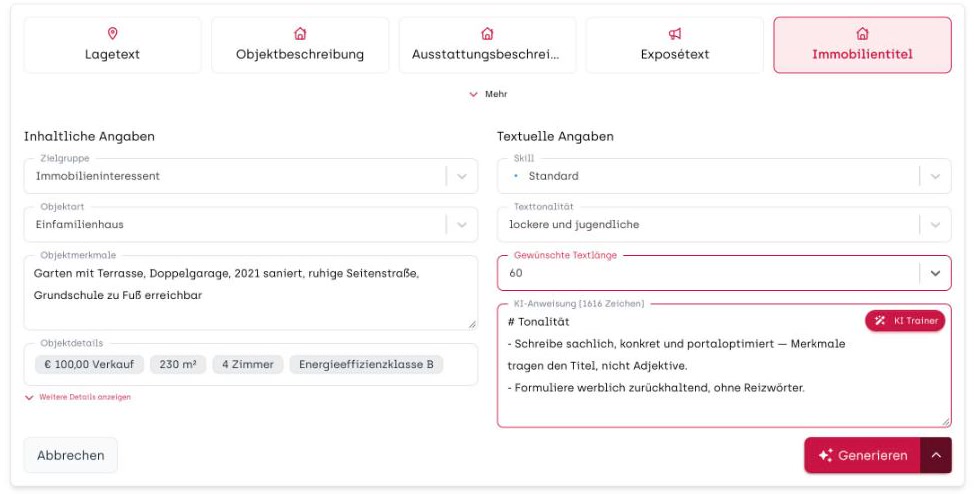 Kachel Immobilientitel mit Objektart, Objektmerkmalen und gewünschter Textlänge von 60 Zeichen